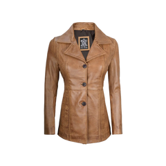 Women's Three Button Camel Brown Real Leather Blazer