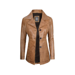 Women's Three Button Camel Brown Real Leather Blazer