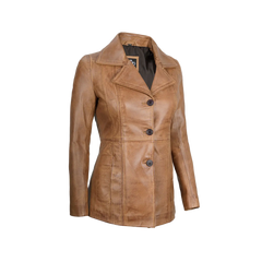 Women's Three Button Camel Brown Real Leather Blazer