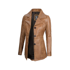 Women's Three Button Camel Brown Real Leather Blazer