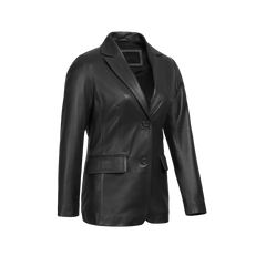 Women's Classic Black Leather Blazer Jacket - Two Button