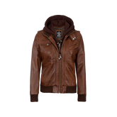 Women's Bomber Cognac Brown Leather Jacket with Removable Hood