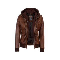 Women's Bomber Cognac Brown Leather Jacket with Removeable Hood