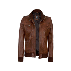Women's Bomber Cognac Brown Leather Jacket with Removeable Hood