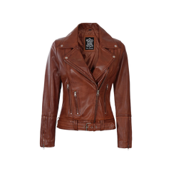 Women's Cognac Brown Leather Biker Jacket