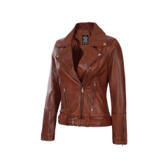 Women's Cognac Brown Leather Biker Jacket