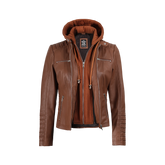 Women's Cognac Brown Leather Jacket With Removable Hood