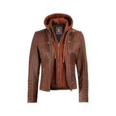 Women's Cognac Brown Leather Jacket With Removable Hood