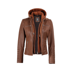 Women's Cognac Brown Leather Jacket With Removable Hood