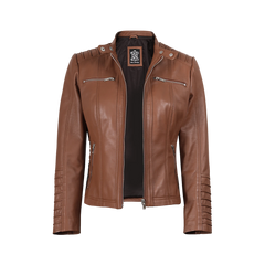 Women's Cognac Brown Leather Jacket With Removable Hood