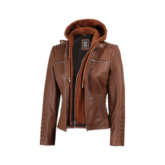 Women's Cognac Brown Leather Jacket With Removable Hood