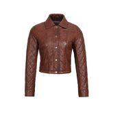 Women's Cognac Brown Quilted Cropped Leather Jacket