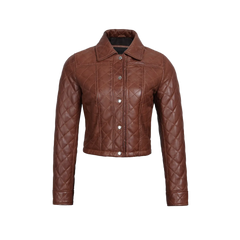 Women's Cognac Brown Quilted Cropped Leather Jacket