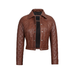 Women's Cognac Brown Quilted Cropped Leather Jacket