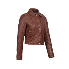 Women's Cognac Brown Quilted Cropped Leather Jacket