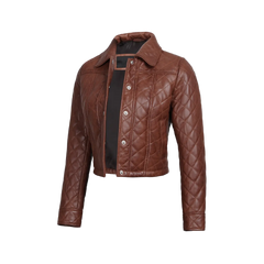 Women's Cognac Brown Quilted Cropped Leather Jacket