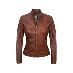 Women's Cognac Brown Cafe Racer Leather Jacket