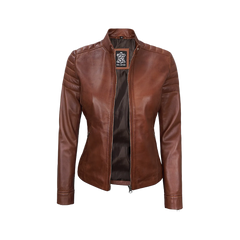 Women's Cognac Brown Cafe Racer Leather Jacket