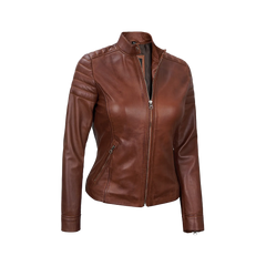 Women's Cognac Brown Cafe Racer Leather Jacket