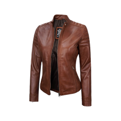 Women's Cognac Brown Cafe Racer Leather Jacket