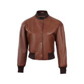 Women's Cognac Brown Cropped Bomber Leather Jacket