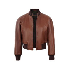 Women's Cognac Brown Cropped Bomber Leather Jacket