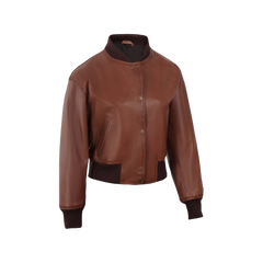 Women's Cognac Brown Cropped Bomber Leather Jacket