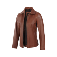 Women's Cognac Brown Harrington Style Leather Jacket