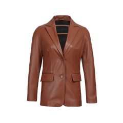 Women's Cognac Brown Leather Blazer Jacket - Two Button