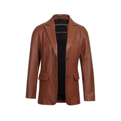 Women's Cognac Brown Leather Blazer Jacket - Two Button