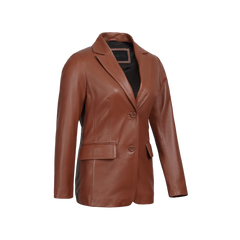 Women's Cognac Brown Leather Blazer Jacket - Two Button