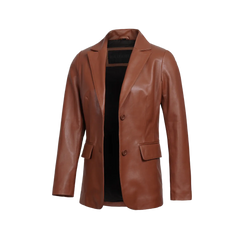 Women's Cognac Brown Leather Blazer Jacket - Two Button
