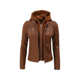 Women's Cognac Brown Leather Jacket With Removable Hood