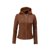 Women's Cognac Brown Leather Jacket With Removable Hood - Limited Stock