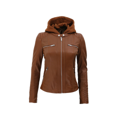 Women's Cognac Brown Leather Jacket With Removable Hood - Limited Stock