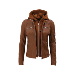 Women's Cognac Brown Leather Jacket With Removable Hood