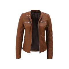 Women's Cognac Brown Leather Jacket With Removable Hood - Limited Stock