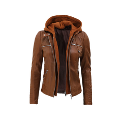 Women's Cognac Brown Leather Jacket With Removable Hood