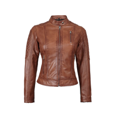 Women's Cognac Brown Quilted Leather Motorcycle Jacket