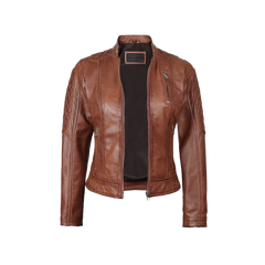 Women's Cognac Brown Quilted Leather Motorcycle Jacket