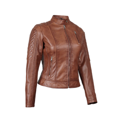 Women's Cognac Brown Quilted Leather Motorcycle Jacket