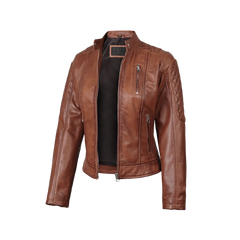 Women's Cognac Brown Quilted Leather Motorcycle Jacket