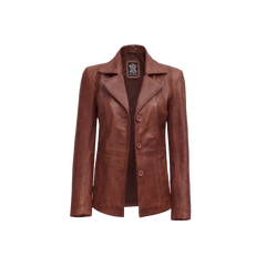 Women Cognac Brown Three Button Leather Blazer