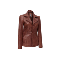 Women Cognac Brown Three Button Leather Blazer