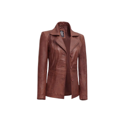 Women Cognac Brown Three Button Leather Blazer