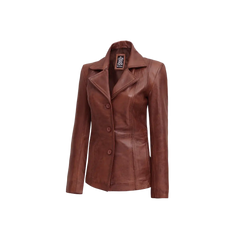 Women Cognac Brown Three Button Leather Blazer