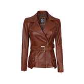 Women's Cognac Wax Asymmetrical Real Leather Jacket