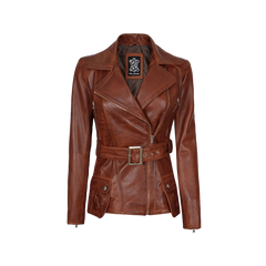 Women's Cognac Wax Asymmetrical Real Leather Jacket