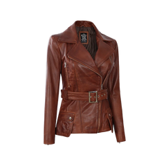 Women's Cognac Wax Asymmetrical Real Leather Jacket