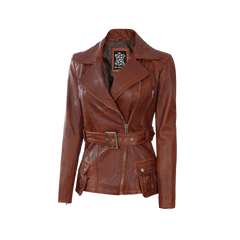 Women's Cognac Wax Asymmetrical Real Leather Jacket